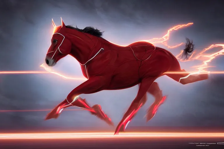 Prompt: a stunning digital painting of a horse as the flash in spandex costume, running in the speedforce by greg rutkowski, volumetric light, digital art, fine detail, photorealistic