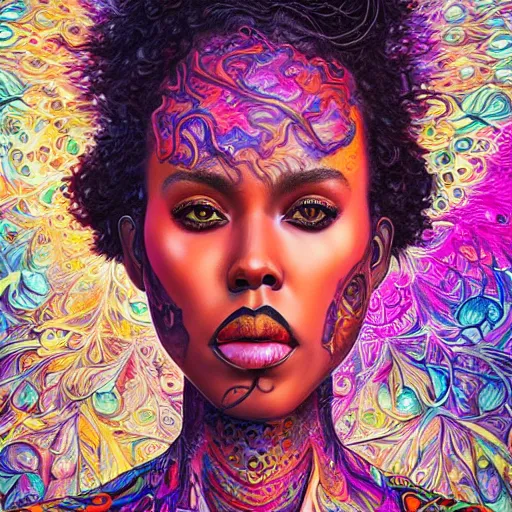 Image similar to portrait of dewanda wise, hyper detailed masterpiece, neon floral pattern, jean giraud, digital art painting, darkwave goth aesthetic, psychedelic, artgerm, donato giancola and tom bagshaw