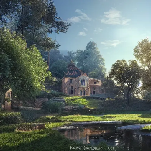 Prompt: a georgian manor house next to a pine forest, with a fishpond and courtyard, blue sky, sunny, detailed, volumetric, cinematic lighting, realistic, digital art by greg rukowski