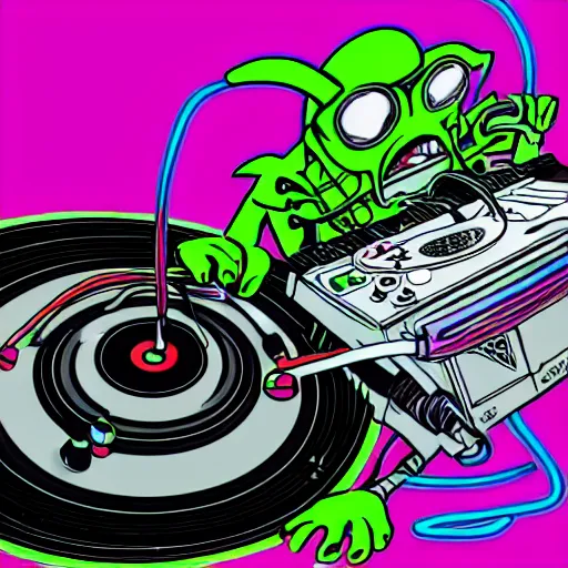 Image similar to svg sticker of a Pop-Wonder Alien-Bog-Monster-Swamp-Rat-Thunder-Coot-Racing-Fan at a rave, spinning records, giant headphones rocking out, wearing headphones, huge speakers, dancing, rave, DJ, spinning records, digital art, amazing composition, rule-of-thirds, award-winning, trending on artstation, featured on deviantart