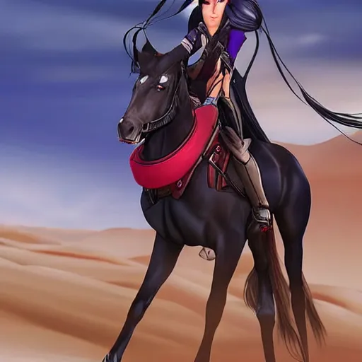 Image similar to widowmaker overwatch in the desert riding on a horse, black and red jacket, collar around neck, very detailed face, feminine face, full body