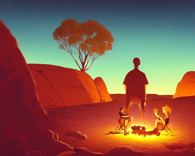 Prompt: man sitting at uluru playing medicine drum at campfire under cosmic night sky, behance hd by jesper ejsing, by rhads, makoto shinkai and lois van baarle, ilya kuvshinov, rossdraws global illumination radiating a glowing aura global illumination ray tracing hdr render in unreal engine 5