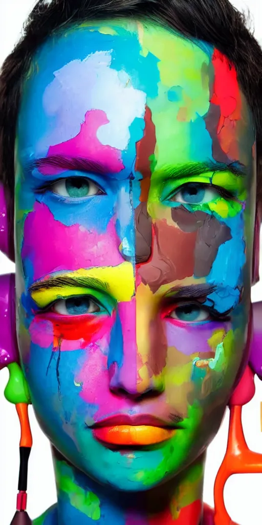 Image similar to thick technicolor paint oozes over the face of robot