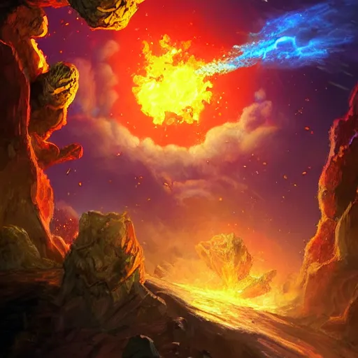 Prompt: giant fiery rocky asteroid rain, meteor shower, hearthstone art style, epic fantasy style art, fantasy epic digital art, epic fantasy card game art