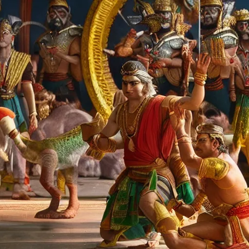 Prompt: cinematic still of ramayana scene, directed by james cameron, ridley scott, 8 k, photorealistic, imax quality, 8 k