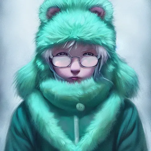 Image similar to aesthetic portrait commission of a albino male furry anthro lion wearing a cute mint colored cozy soft pastel winter outfit, winter atmosphere. character design by charlie bowater, ross tran, artgerm, and makoto shinkai, detailed, inked, western comic book art, 2 0 2 1 award winning painting