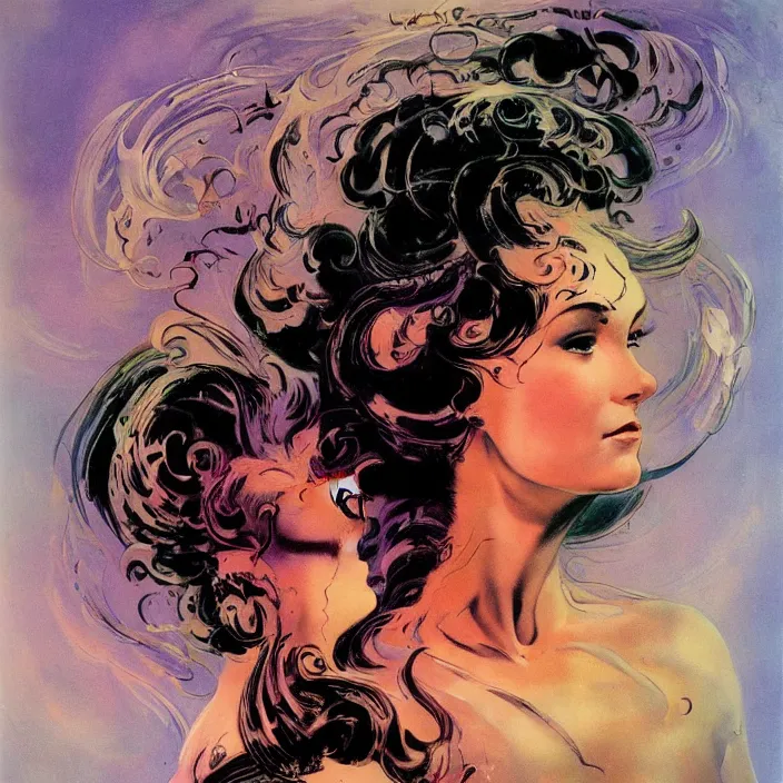 Image similar to portrait of a woman with swirling hair and fractal skin by frank frazetta, retrofuturism, psychedelic art reimagined by industrial light and magic