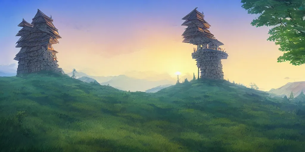 Image similar to dawn behind a very high tower made of wood, on the top of a summer hill, forest, painted by miyazaki, ghibli, artstation