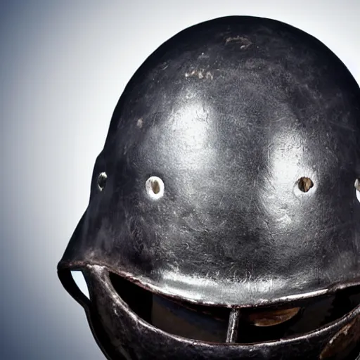 Prompt: old dark fantasy helmet. smoke billowing out from within. evil energy. studio photograph. plain background