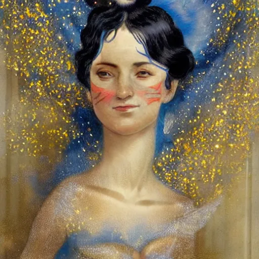 Image similar to The body art features a woman with wings made of stars, surrounded by a blue and white night sky. The woman is holding a staff in one hand, and a star in the other. She is wearing a billowing white dress, and her hair is blowing in the wind. Pride & Prejudice, papaya whip by Pamela Coleman Smith ordered, a e s t h e t i c