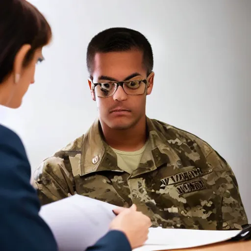 Prompt: Veterans affairs representative helping a Young veteran with PTSD, Document, Photo, n 9