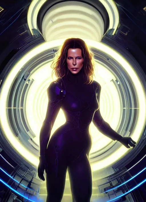 Image similar to symmetry!! portrait of kate beckinsale, sci - fi, gateway to another dimension, tech wear, glowing lights!! intricate, elegant, highly detailed, digital painting, artstation, concept art, smooth, sharp focus, illustration, art by artgerm and greg rutkowski and alphonse mucha