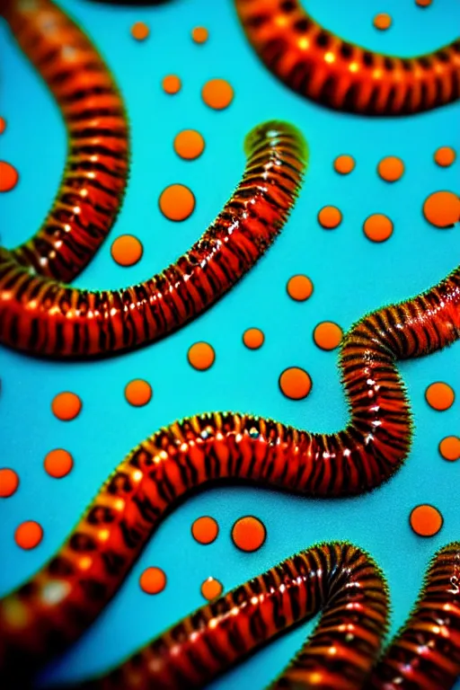 Prompt: high quality close-up photo translucent biomechanic worms! gorgeous orange dots highly detailed hannah yata elson peter cinematic turquoise lighting high quality low angle hd 8k sharp shallow depth of field