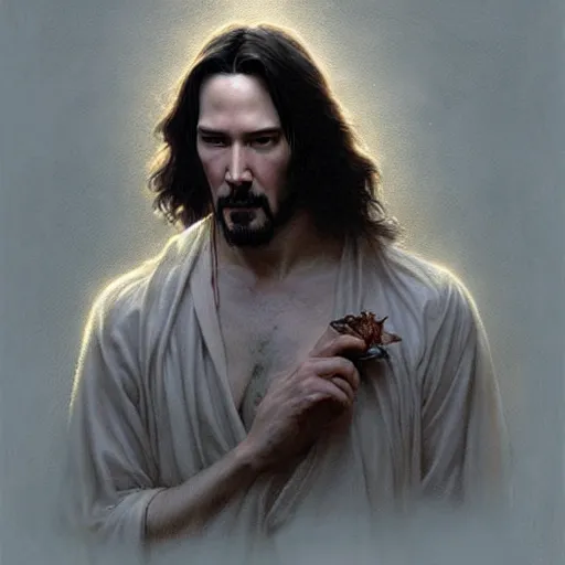 Image similar to beautiful striking Pre-Raphaelite Keanu Reeves by Artgerm and Greg Rutkowski, pale, intricate, elegant, highly detailed, digital painting