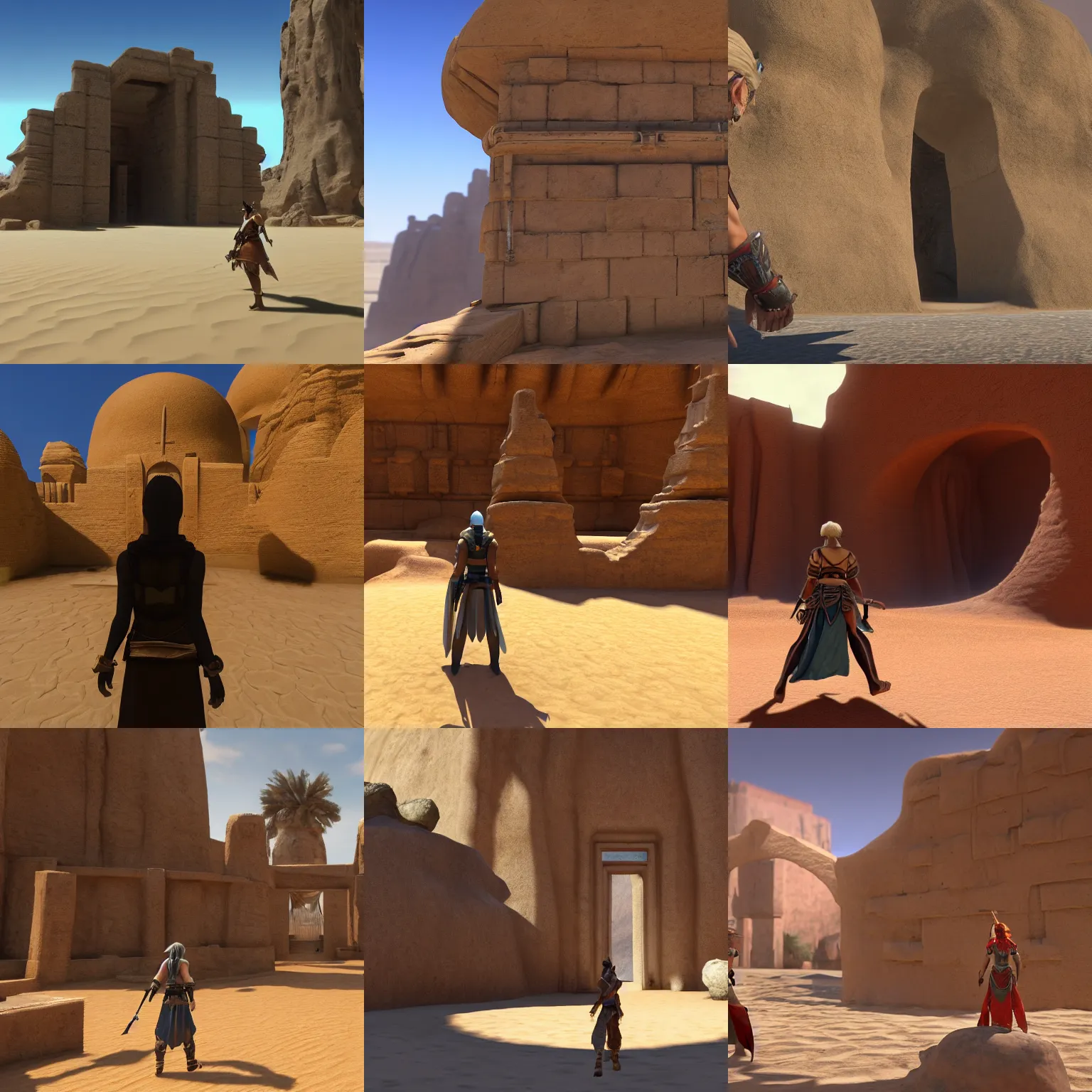 Prompt: over the shoulder shot of character looking at the entrance of a godly ancient isolated sacred spiritual alien village built in the oasis of a vast sand desert, 3 rd person action adventure, screenshot, gameplay, final fantasy, square enix, jrpg, cutscene, unreal engine, 4 k, ultra high settings, rtx, next gen graphics, playstation 5, greg rutkowski