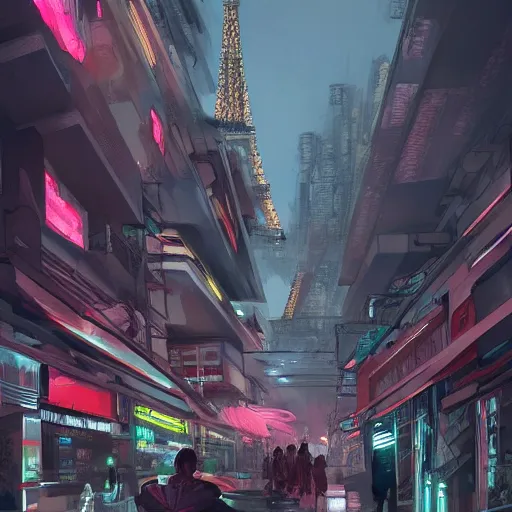 Prompt: Paris futur, asian district, cyberpunk city. Trending on Artstation