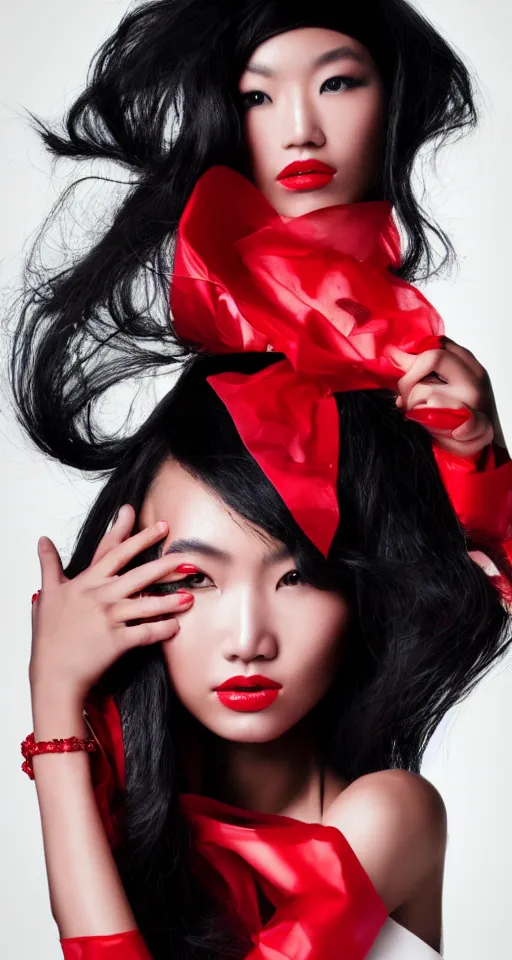 Image similar to vogue fashion model portrait asian woman, black and red, elegant