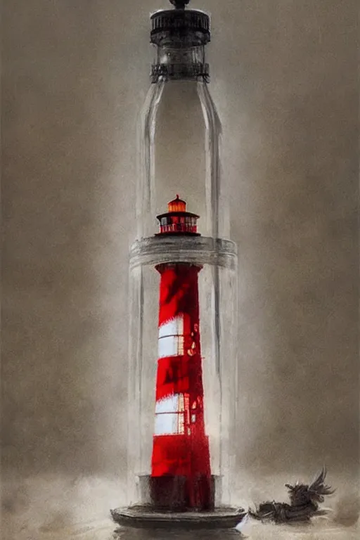 Prompt: a red and white lighthouse inside a clear bottle, very fancy whiskey bottle, intricate concept painting by by artgerm and greg rutkowski and edgar maxence and ruan jia