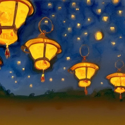 Prompt: beautiful lit lanterns floating in the beautiful night sky, john singer sargent art style, 4 k, modern