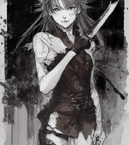 Prompt: full body portrait of anime yandere holding a knife, pen and ink, intricate line drawings, by craig mullins, ruan jia, kentaro miura, greg rutkowski, loundraw