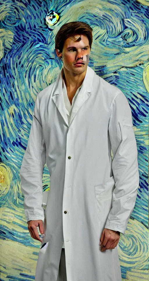 Image similar to Tom Cruise in white lab coat by Van Gogh