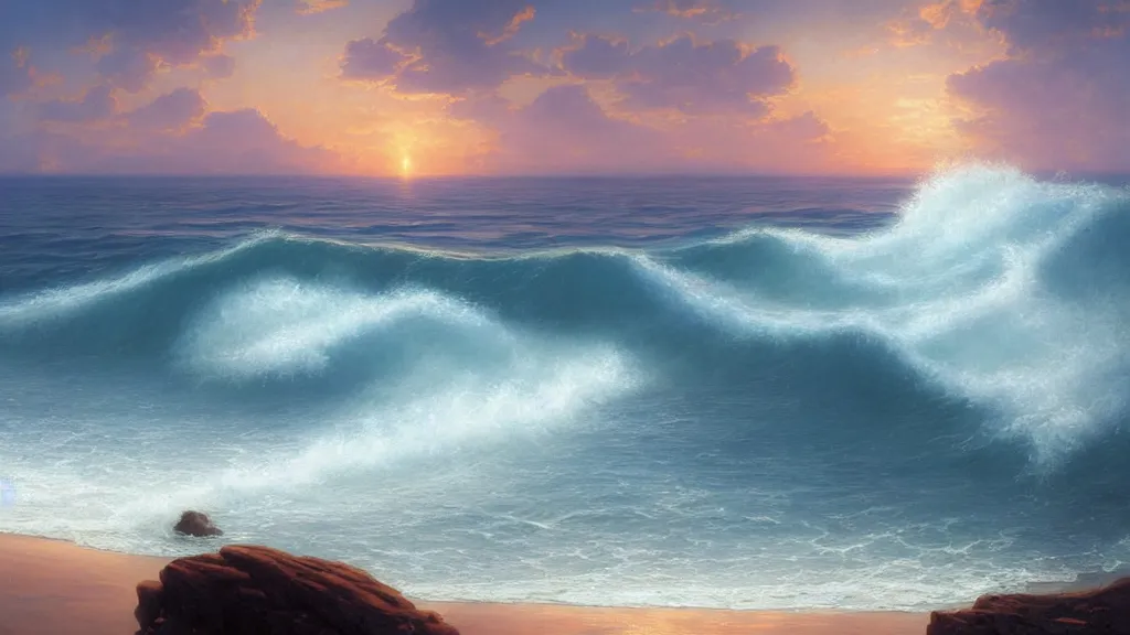 Image similar to first person view of breaking waves on the shore, summer, clear beautiful sky, sea breeze rises in the air, by andreas rocha and john howe, and Martin Johnson Heade, featured on artstation, featured on behance, golden ratio, ultrawide angle, f32, well composed