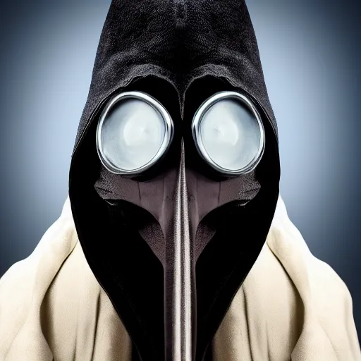 Image similar to high quality picture of a cybernetic plague doctor with a beaked mask, studio lighting, 4K, high detail