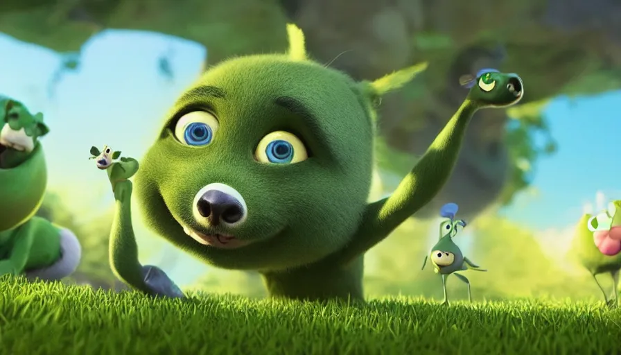 Image similar to very very very cute green baby animals by Max Kostenko and Bobby Chiu, disney, pixar, MPC, Framestore, character design for animation, uplight, a lineup of characters, big disney eyes, symmetrical yellow eyes, cuteness, 3d render, octane rendered, highly detailed, cinematic lightning, rendered by maya and houdini, highly detailed, unreal engine, Trending on Artstation, octane render, 4k, 8k, HD, oil on Canvas by Elena Zhurikhina and Goro Fujita and Charlie Bowater