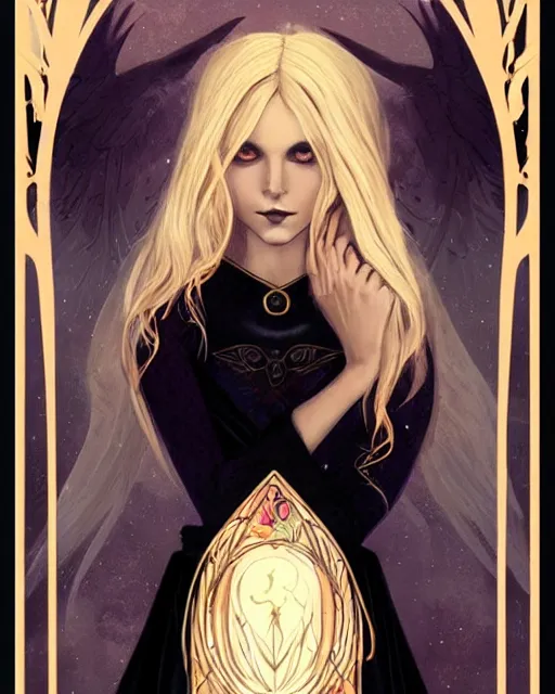 Image similar to tarot, art nouveau border, beautiful wicked female occultist, sweeping ombre blonde hair, red eyes, black velvet dress, dark colors, magic Amulet, raven, fantasy painting, trending in Artstation, GSociety, by Charlie Bowater, Brom, Bastien Lecouffe-Deharme