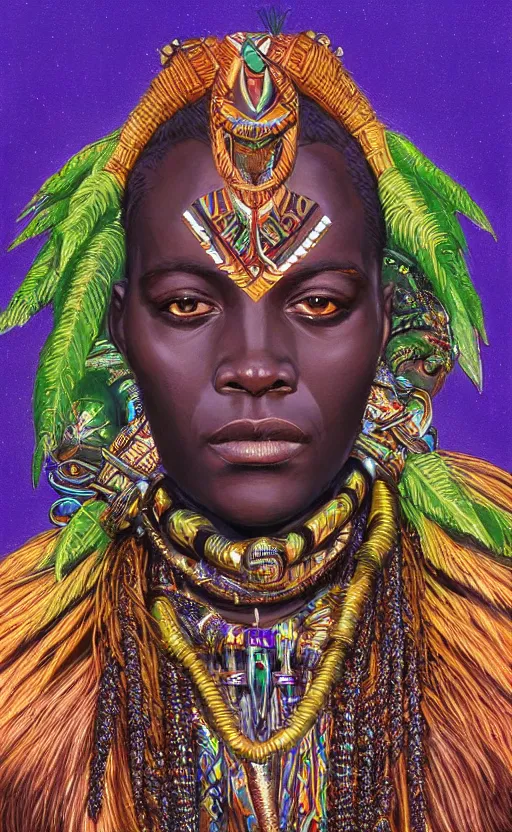 Prompt: upper half portrait of retro futuristic african tribal chief - embellished with vegetation and iridescent crystals, art by greg hildebrandt, highly detailed, digital painting, concept art, illustration, smooth sharp focus, intricate, symmetry, artstation,