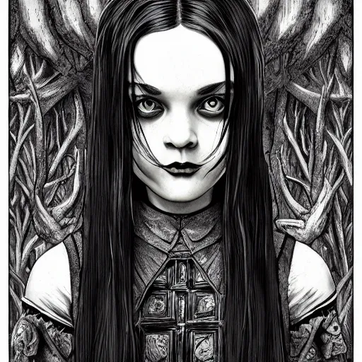 Prompt: Wednesday Addams casting dark magic, gothic art, subdued color, detailed, eerie, emotional, gothic, sad, agitated, highly detailed, incredibly sharp focus, Artstation, deviantart, artgem, insane detail, intense black line art, precision detail, golden ratio, in the style of Heavy Metal Comics