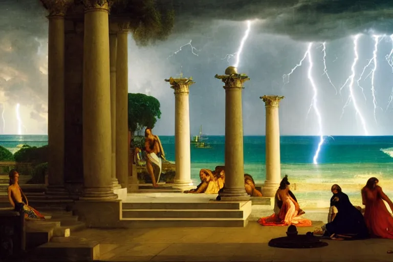 Prompt: mediterranean balustrade and palace columns, refracted lightnings on the ocean, thunderstorm, tarot cards characters, beach and Tropical vegetation on the background major arcana sky and occult symbols, by paul delaroche, hyperrealistic 4k uhd, award-winning, very detailed paradise