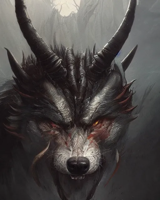 Image similar to A minotaur as a wolf, terrifying face, fantasy art, monster art, in the style of greg rutkowski, illustration, epic, fantasy, intricate, hyper detailed, artstation, concept art, smooth, sharp focus, ray tracing