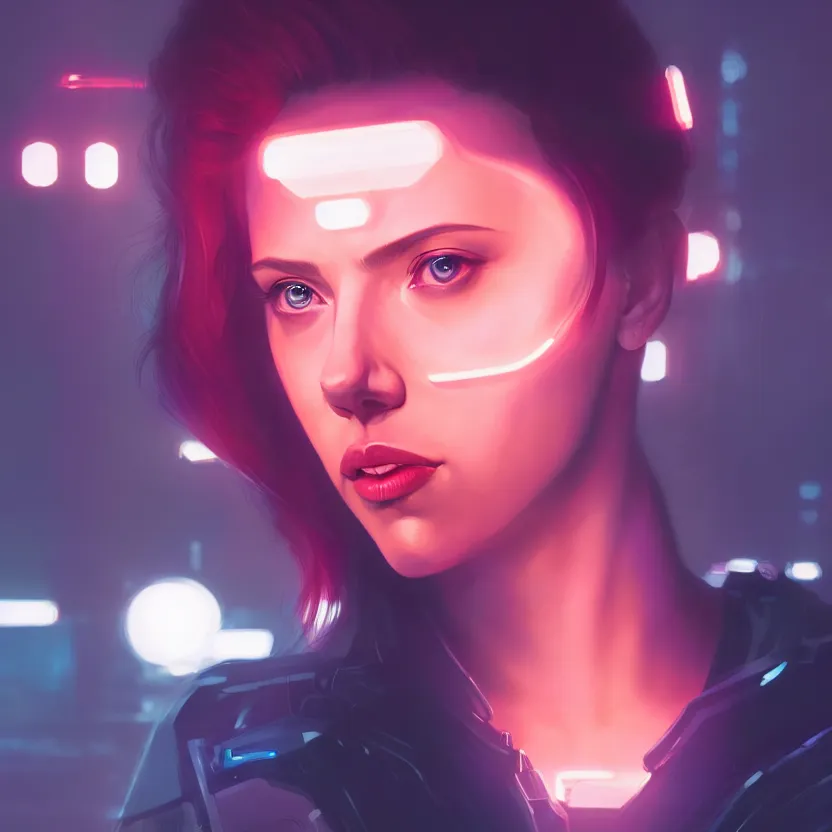 Image similar to 3 / 4 portrait, scarlett johansson as major mira killian from ghost in a shell, night, crop top, beautiful, in a modern city, neon signs, jewelry, artstation, william bouguereau, rossdraws, greg rutkowski, super detailed, realistic, octane render, volumetric, cinematic, 8 k