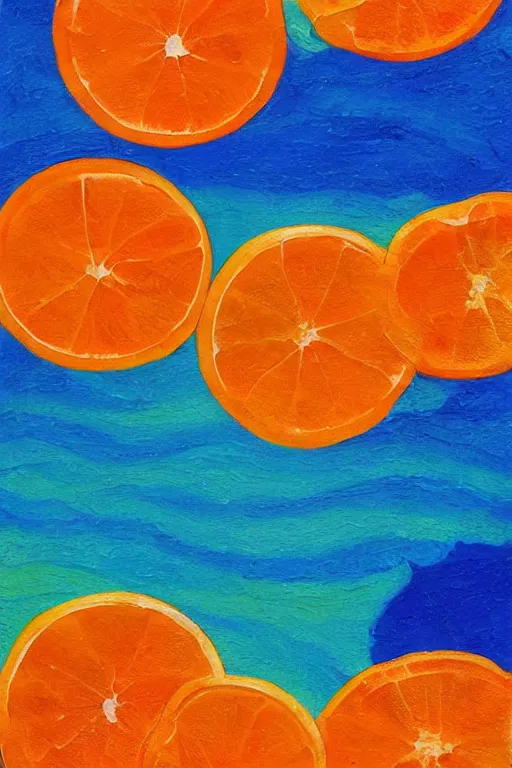 Prompt: a art work of summer ,water,wave , orange and orange slices,blue theme and Yellow accents,Colour composition by Kenya Hara