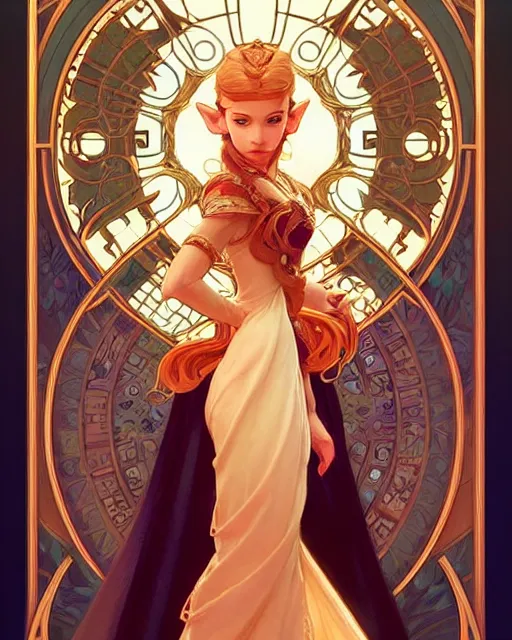 Image similar to portrait of disney! zelda, intricate, elegant, highly detailed, my rendition, digital painting, artstation, concept art, smooth, sharp focus, illustration, art by artgerm and greg rutkowski and alphonse mucha and uang guangjian and gil elvgren and sachin teng and wlop!, symmetry!!