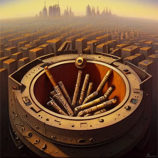 Prompt: a giant brutality ashtray city filled with giant cigarettes on mars, symmetrical!!, intricate, ugly highly detailed, centered, digital painting, artstation, concept art, smooth, sharp focus, illustration, artgerm, tomasz alen kopera, peter mohrbacher, donato giancola, joseph christian leyendecker, wlop, boris vallejo