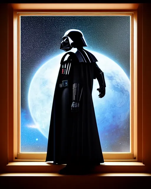 Image similar to acrylic painting portrait of darth vader looking through a large window into outer space with a large planet visible, view from behind, high production value, intricate details, high resolution, hdr, high definition, masterpiece, realistic, ultrarealistic, highly detailed, hd, sharp focus, non blurry, sharp, smooth