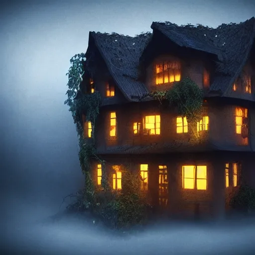 Image similar to village horror house in forest darkness dark render fog highly detailed