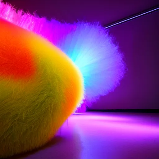 Image similar to : colorful abstract fuzzy sculpture on the wall in modern architecture, cinematic lighting, hyper - realistic, detailed, render by c 4 d octane, unreal engine, 8 k 3 d render