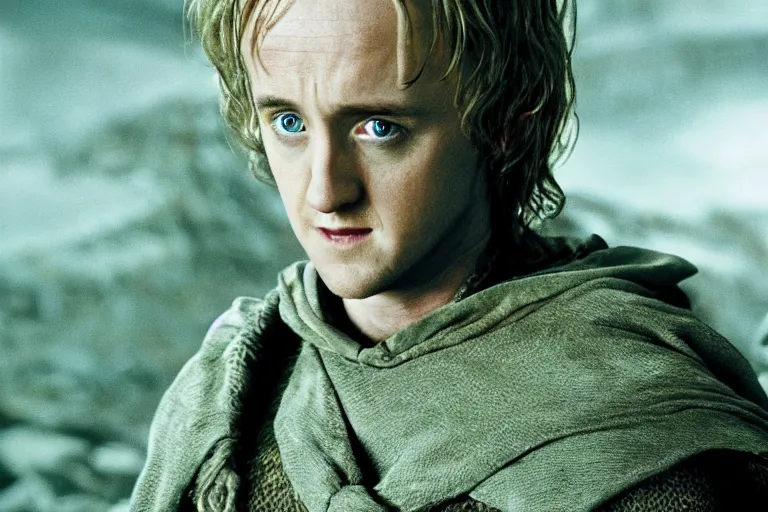 Image similar to tom felton plays an elf in the lord of the rings return of the king, highly detailed, cinematic lighting, 4 k, arricam studio 3 5 mm film camera, kodak 5 2 7 9 ( tungsten - balanced ) film stock