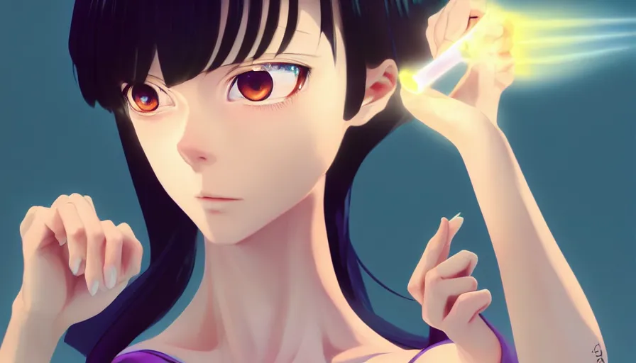 Image similar to coco rocha as a beautiful anime girl holding a light source inside her hand, expert high detail concept art, character design, defined face, vivid colors, photorealistic shaded lighting poster ilya kuvshinov, katsuhiro, makoto shinkai, wlop, loish and clamp style, trending on artstation, best selling artist