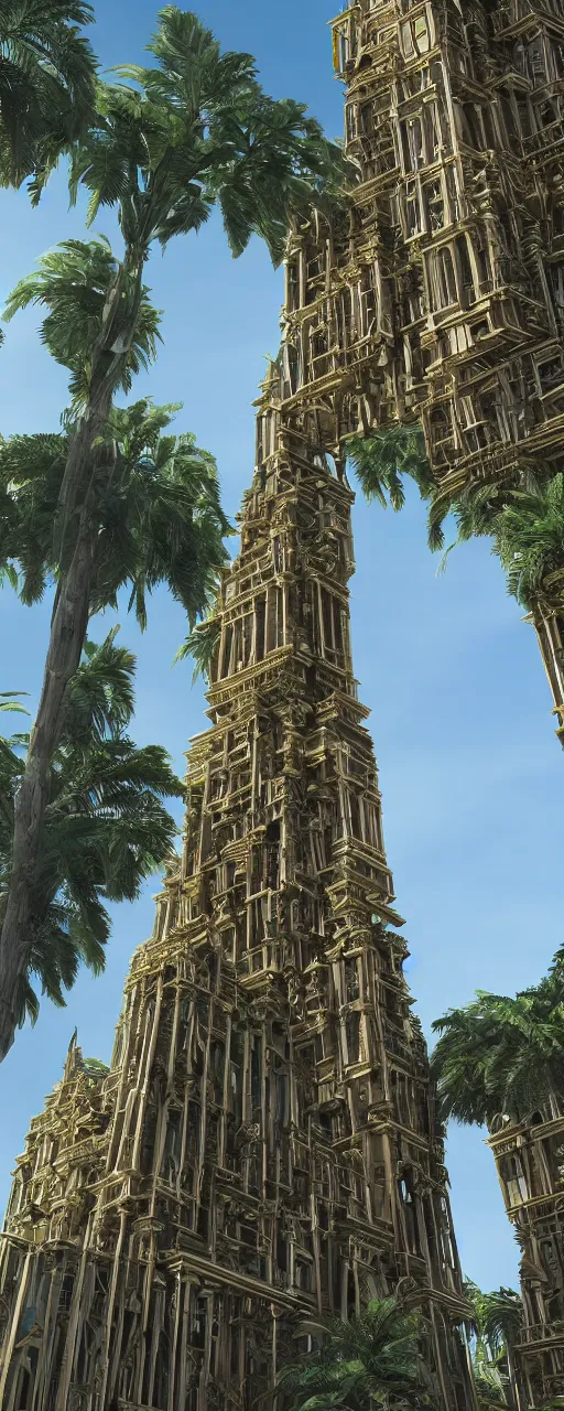 Image similar to maquette of eye level view of a contemporary tower, golden intricate details, stone facade, sacred architecture, hanging gardens, cascading highrise, arid mountains with lush palm forest, photorealistic, sunlight, 8 k, post - production, octane, cgi, sfx