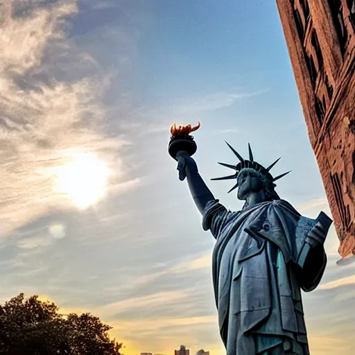 Image similar to statue of liberty eating a cheeseburger, golden hour, award winning photo, low angle