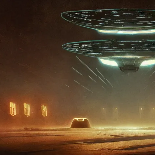 Image similar to scene from bladerunner 2 0 4 9 movie, hr giger artlilery spaceship lands in an alien landscape, filigree ornaments, volumetric lights, micheal whelan, simon stalenhag