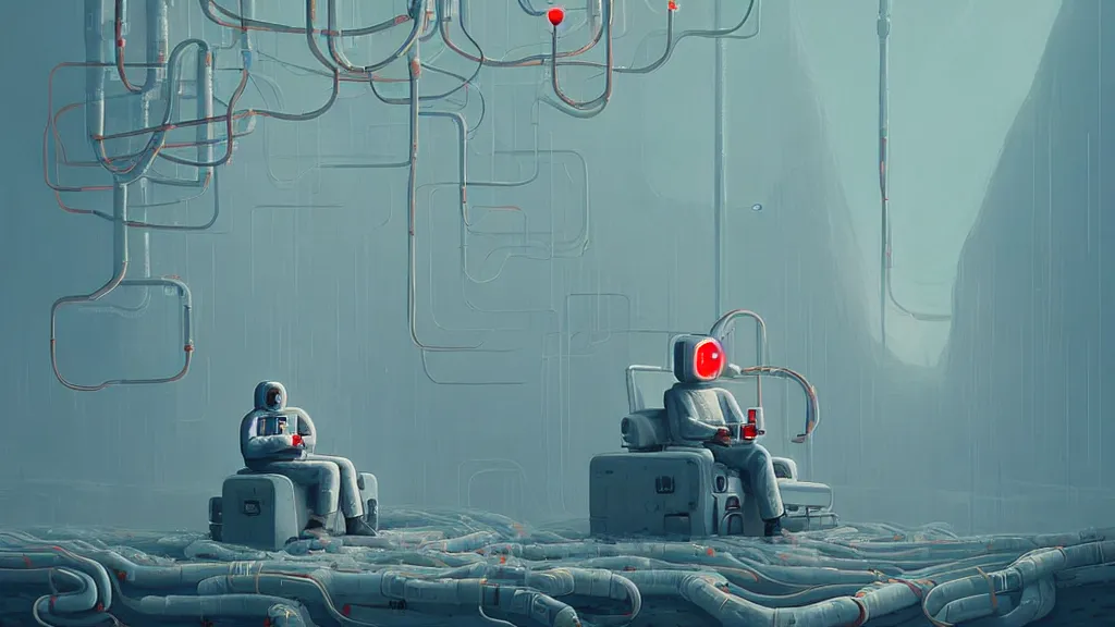 Prompt: a figure sitting on a white throne, wearing an oxygen mask with lots of tubes connecting to it, simon stalenhag, featured on artstation, cinematic, elegant, intricate