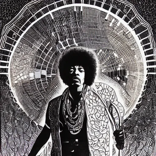 Image similar to artwork by Franklin Booth showing a portrait of Jimi Hendrix, afro futurism