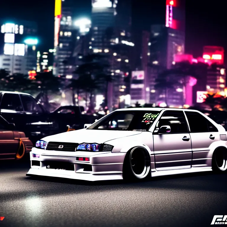 Image similar to a car JZX100 twin turbo drift at illegal car meet, Shibuya prefecture, city midnight mist lights, cinematic lighting, photorealistic, highly detailed wheels, high detail