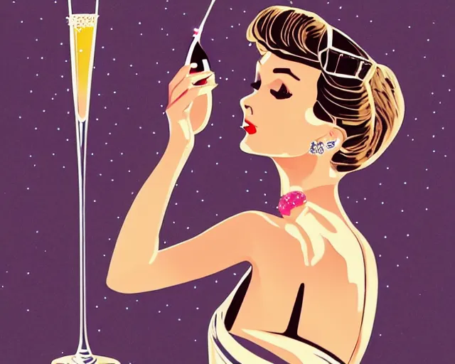 Image similar to teenage audrey hepburn dancing in art deco style, champagne commercial, artstation, illustration, bright, cheerful, detailed and intricate environment