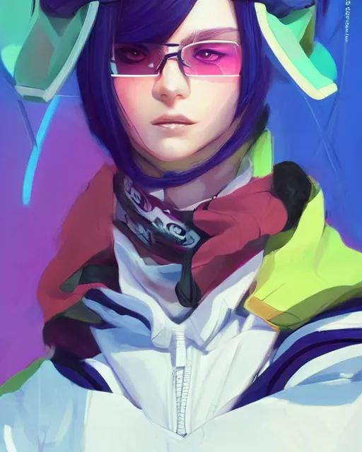 Image similar to poster woman with futuristic streetwear and hairstyle, colourful, model face, cute face, pretty face, 3/4 portrait, Galaxy eyes, beautiful, elegant, Anime by Kuvshinov Ilya, Cushart Krentz and Gilleard James, 4k, HDR, Trending on artstation, Behance, Pinterest, award winning